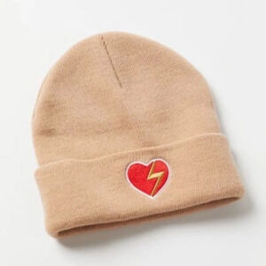 New Urban Outfitters Icon Beanie Heart Bolt Patch Embroidered Taupe Knit cuff